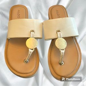 ALDO white sandals with gold circle decor size 7